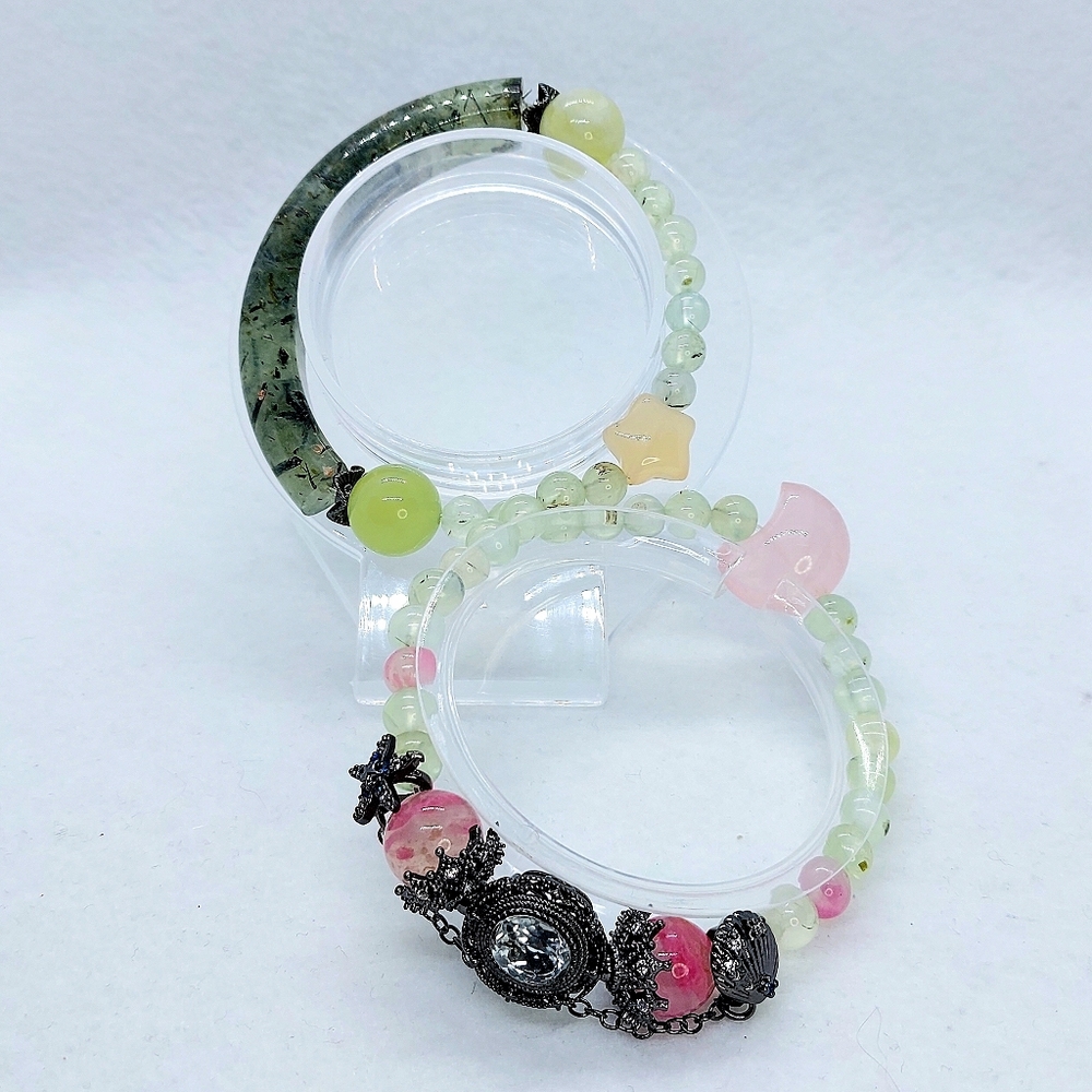 ⭐️ Prehnite "Midnight Shore" Epidote Double Wrap Half Hard Bangle Bracelet